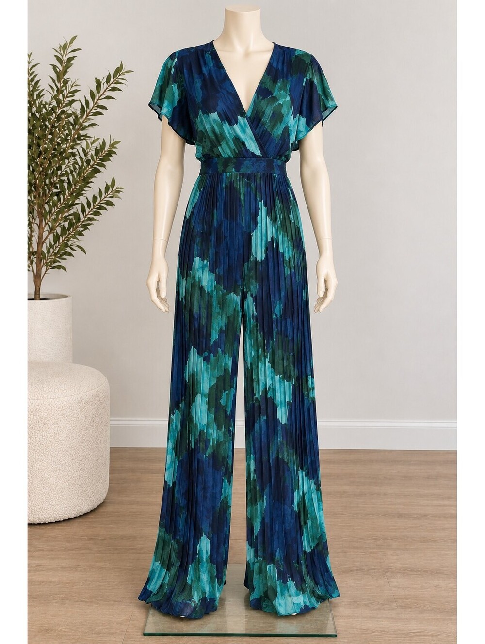 Women's Pleated Floral Jumpsuit Green Blue M-L NWT
